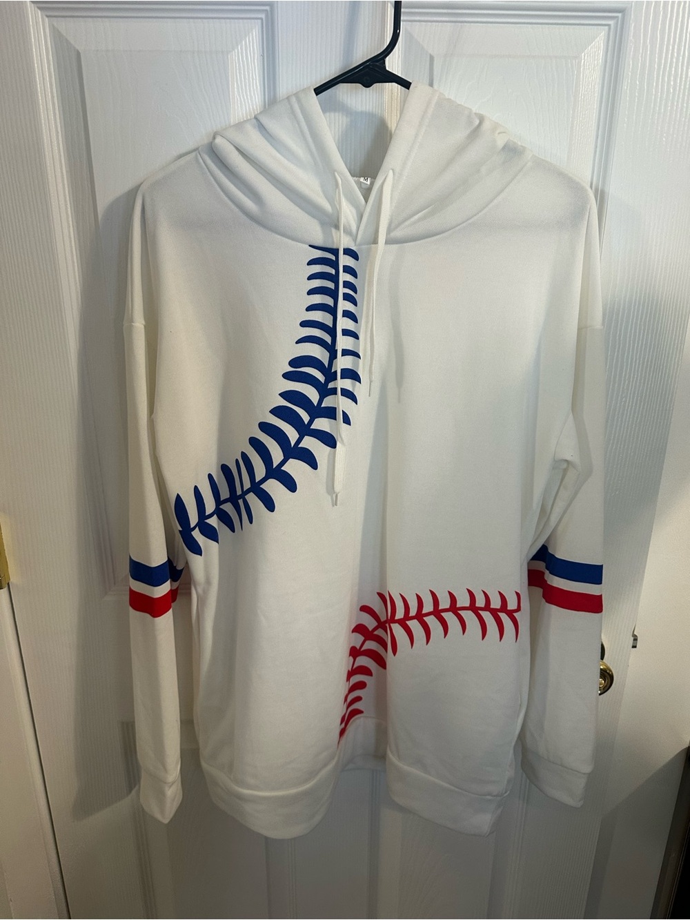 White Baseball Stitch Hoodie with Red & Blue Accents